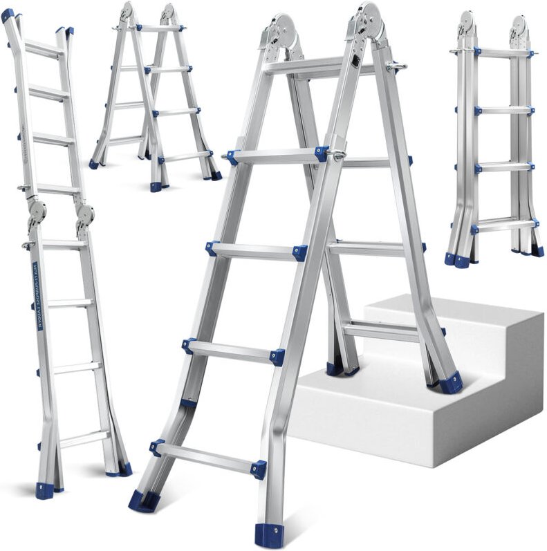 SWANEW Teleskopleiter Alu Leichtgewicht 4x4 Ebene Silber multifunktion Multifunktionsleiter Mehrzweckleiter Ausziehbare ...