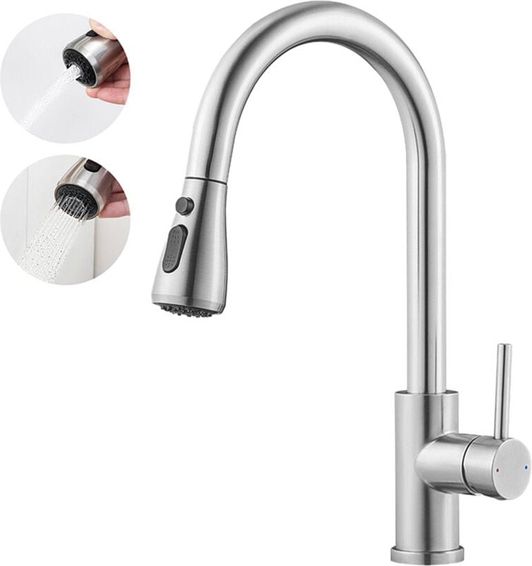 Edelstahl Gebürstet Ausziehbare Küchenarmatur mit 2 Straharten, 360° Drehbar Küche Wasserhahn Hochdruck Spültischarmatur