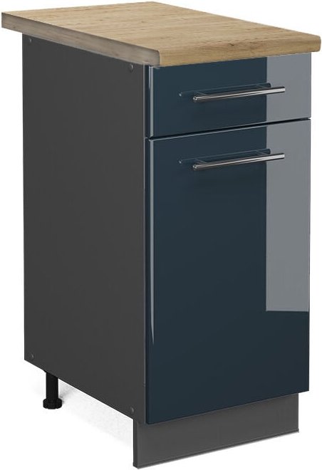 Vicco - Küchenschränke Fame-Line, Dunkelblau Hochglanz, 40 cm , ap Eiche