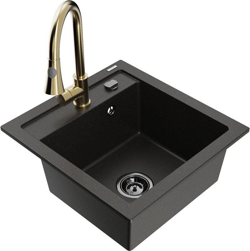 Vito 1-Becken-Granit-Spüle mit Mischbatterie Elia, Schwarz/Gold metallisch - 6503-75-670101-50-B - Mexen
