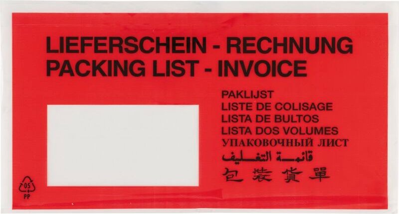 Dokumententasche 10-sprachig, selbstklebend, 228x120mm, bedruckt, Polyethylen - Schutz für Versanddokumente, Hotmelt-Kle...