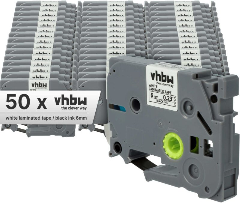 Vhbw - 50x Schriftband-Kassette kompatibel mit Brother pt H100R, P700 Etiketten-Drucker 8m x 6mm Schwarz auf Weiß