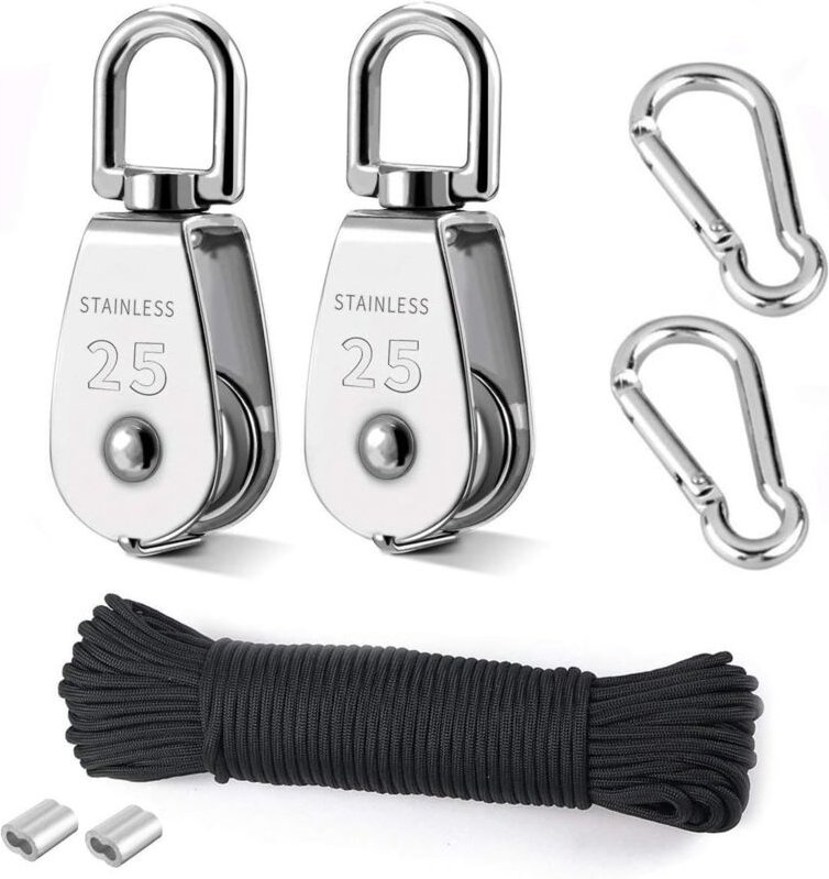 Heberolle, 2 Stück 25 mm 304 Edelstahlrolle, 2 Stück M25 Einzelrolle, für Seile und Kabel, mit 8 mm Kletterseil, 20 m