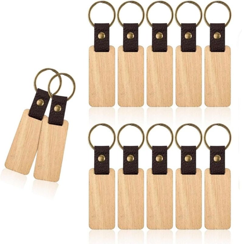 12 Stück Schlüsselanhänger Holz Schlüsselanhänger Leder Buchenholz-Blankoanhänger für Laser-Gravur Personalisierung Rech...