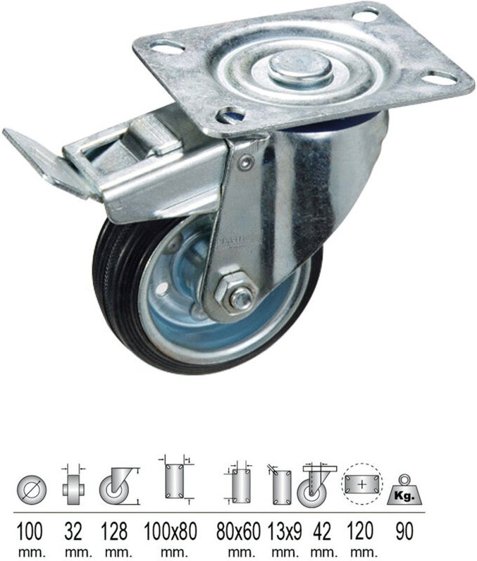 Rueda Industrial Goma Negra Placa con freno 100mm