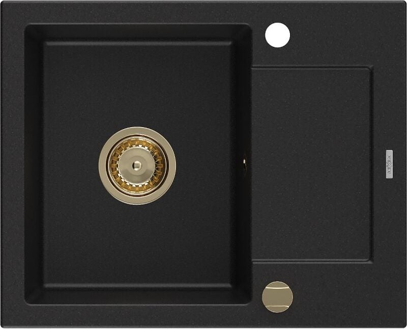 Mexen Enzo Granitspüle mit einem Becken und einer Abtropffläche 576 x 465 mm, Schwarz, Siphon Gold -