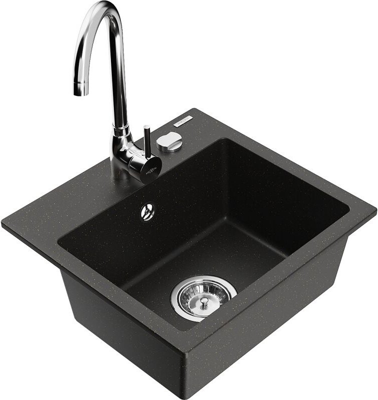 Milo 1-Becken-Granit-Spüle mit Mischbatterie Telma, Schwarz/Gold - 6505-75-670200-00 - Mexen