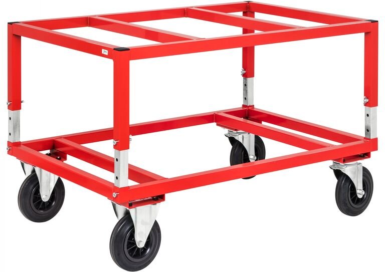 Kongamek Palettenwagen in rot höhenverstellbar 655mm hoch ohne Bremse für Euro-Paletten 1200x800mm