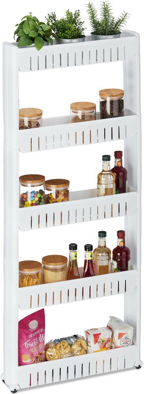 Nischenwagen, 5 Ablagen, schmales Nischenregal für Bad & Küche, hbt 131x12,5x54 cm, Rollregal Kunststoff, weiß - Relaxda...