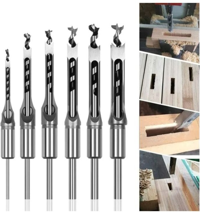 Set mit 6 Vierkantloch-Holzbohrern, Stahl-Hohlmeißel, Werkzeugset für die Holzbearbeitung, Vierkantlochbohrer, Bohrloch-...