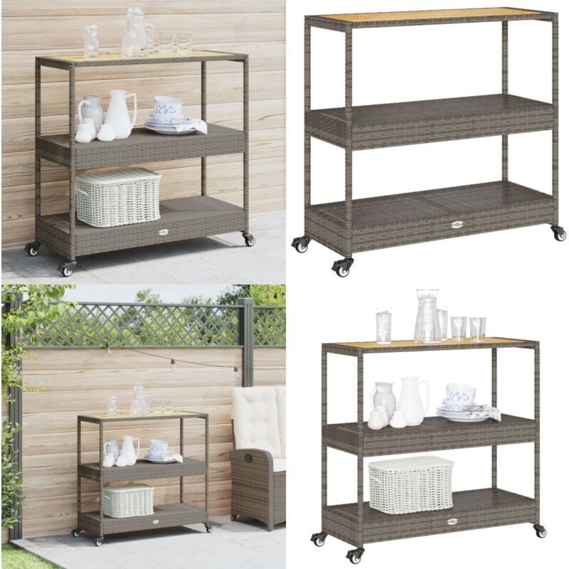 Barwagen 3 Böden Grau Poly Rattan und Massivholz Akazie - Barwagen - Getränketrolley - Küchentisch - Outdoormöbel - Balk...