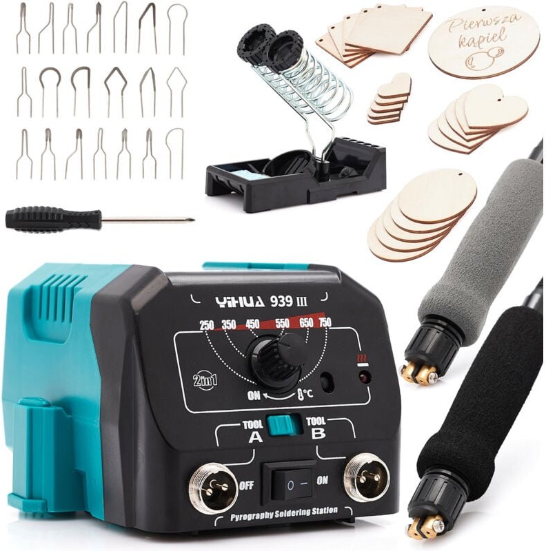 Pyrograph / Yihua 939-III Holzbrenner + Pyrograph Sperrholz-Set 20 Stück 4in1