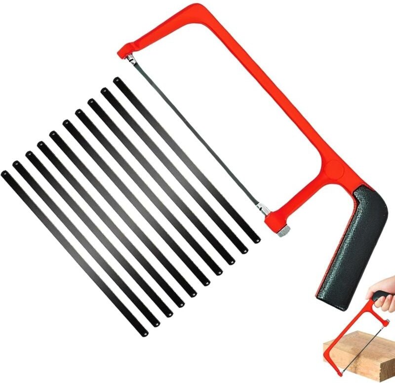 Thumbnail - Kleines Bügelsägen-Set mit 10 austauschbaren Sägeblättern, Mini, Rot/Schwarz, verstellbarer Winkel, professionell zum Sc...