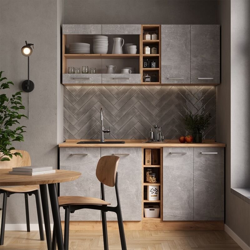 Vicco - Singleküche R-Line, Beton/Goldkraft Eiche, 160 cm , ap Eiche