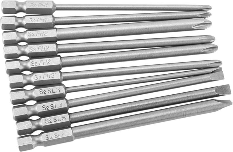 10-teiliges Schraubendreher-Bit-Set aus Stahl mit Schlitz (PH/PH2, magnetisch) und 4"-Sechskant (SOSK, 00 mm)