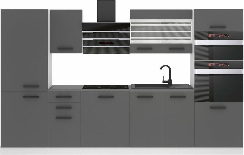 Küchenzeile Küchenblock Mila - Küchenmöbel 300 cm Einbauküche Vollausstattung ohne Elektrogeräten mit Hängeschränke und ...