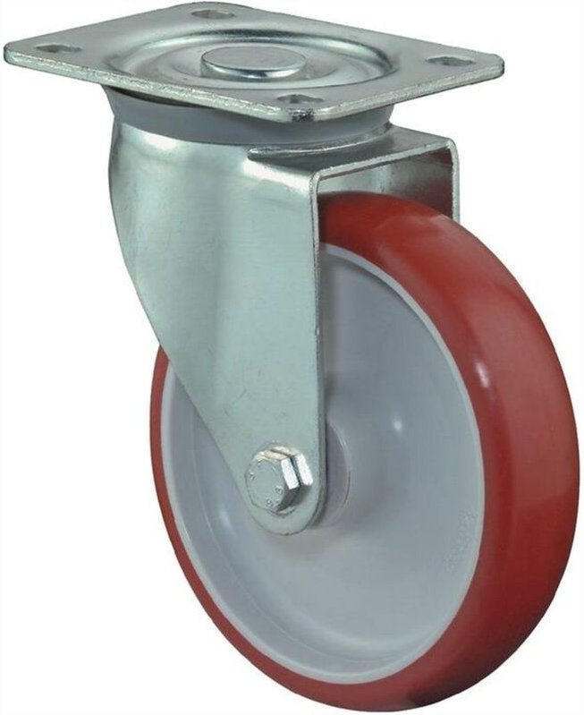 Lenkrolle Rad-Ø 80 mm Tragfähigkeit 120 kg Polyurethan Platte L104xB80 mm Farbe Rolle rot