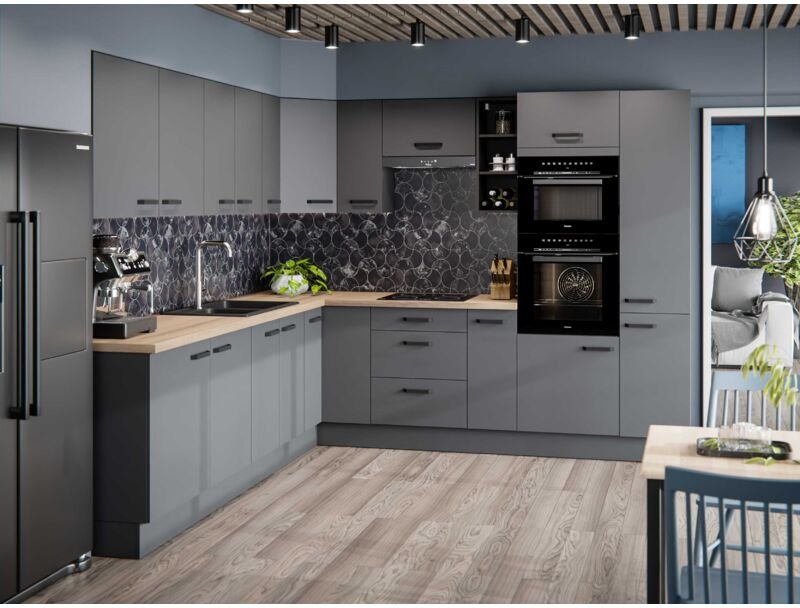 FURNIX Küchenmöbel-Set Eckküche Islarosa 250x280 cm mit Hängeschränken Anthrazit