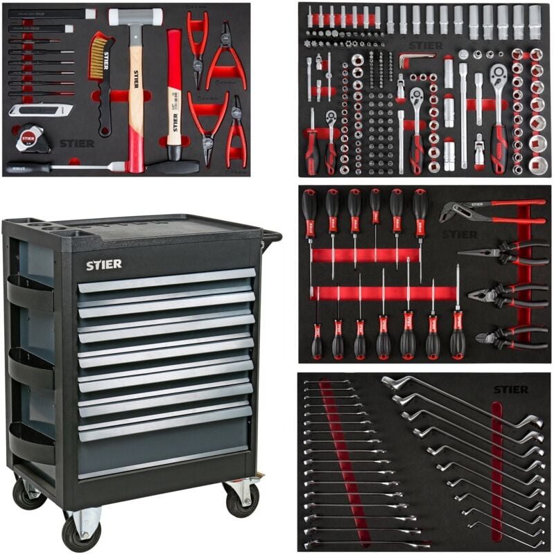 STIER Werkstattwagen Premium bestückt, 241-teilig, mit Kunststoffabdeckung, Tragkraft 500kg, Werkzeuge in Weichschaumein...
