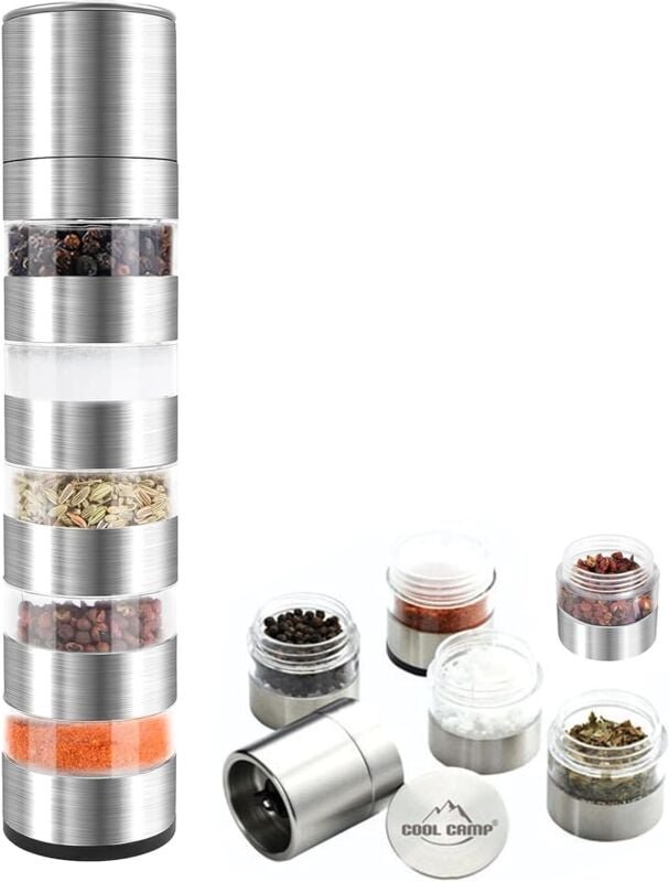5-in-1 Reisegewürzset, stapelbare Gewürzdosen aus Edelstahl, Mini-Gewürzdosen mit Gewürzmühle, Gewürzdosen für Reisen un...