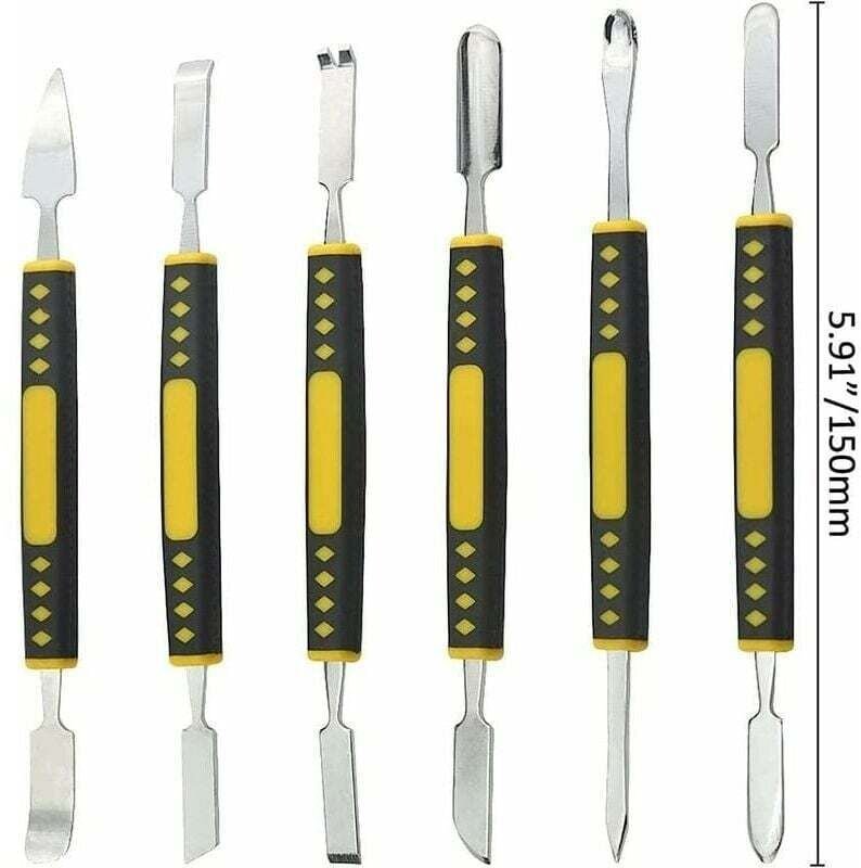 Set mit 6 doppelseitigen Mini-Demontagewerkzeugen aus Metall für Mobiltelefone und Tablets.