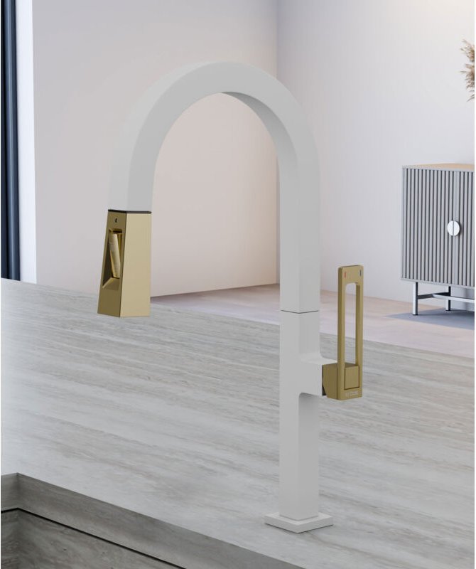 Moderner hoher Spültischmischer mit Handbrause - Weiß, Gold