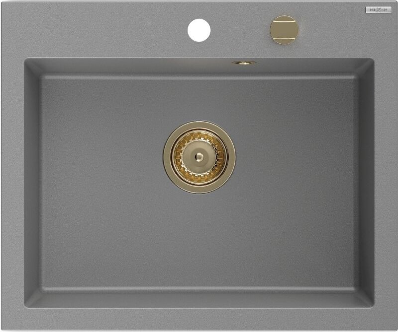 Elix Granitspüle 1-becken 600 x 500 mm, grau, goldener Siphon - 6525601005-71-G - Mexen