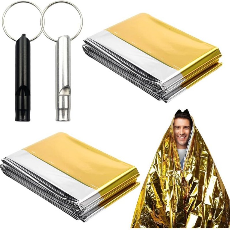 10 Stück Outdoor Survival Thermodecken, wiederverwendbar, extra groß, silber-goldene Wärmedämmdecke, mit 5+5 Stück Notfa...