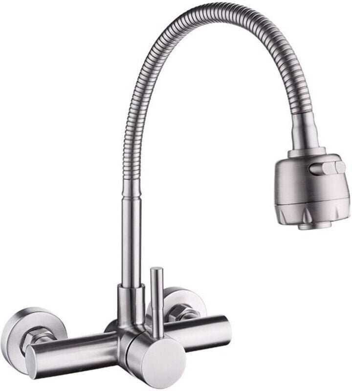 Thumbnail - Küchenarmatur, Wandmontage-Mischbatterie, 304 Edelstahl, 360° drehbarer Waschbecken-Wasserhahn mit flexiblem Schlauch