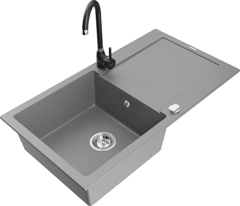 Leo 1 Becken-Granitspüle mit Abtropffläche und Mischbatterie Telma, Grau - 6501-71-670200-70 - Mexen