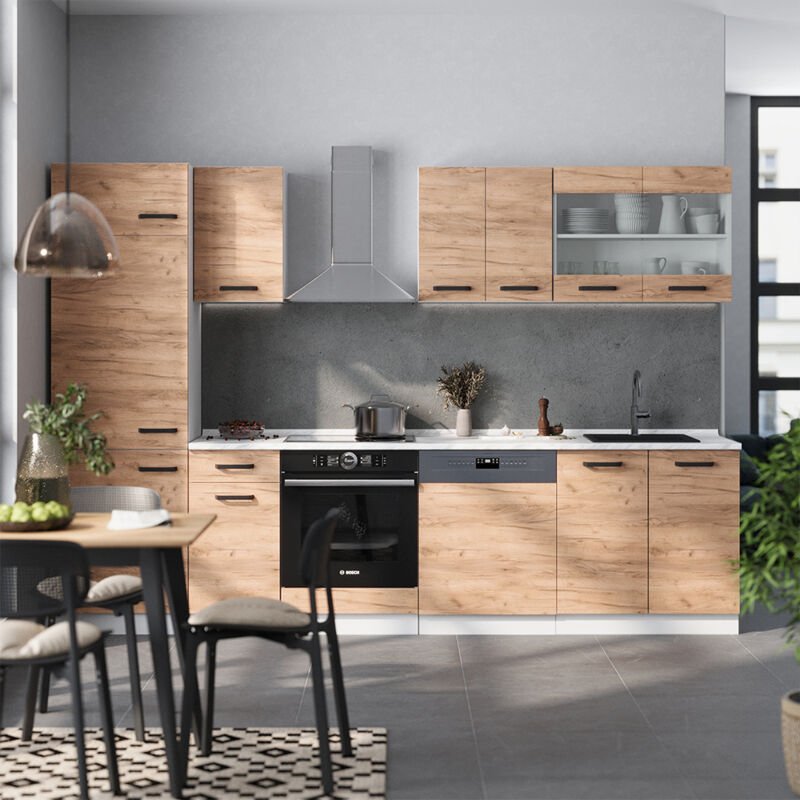 Vicco - Küchenzeile R-Line, Goldkraft Eiche/Weiß, 300 cm ap Marmor