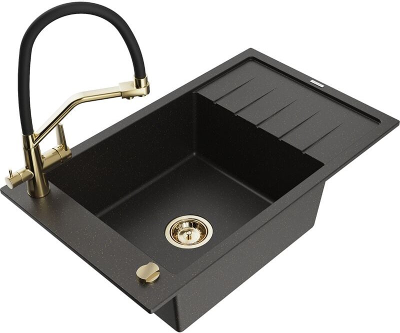 Elias 1 Becken-Granitspüle mit Abtropffläche und Mischbatterie Duo, Schwarz/Gold metallisch - - Mexen