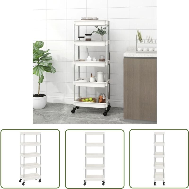 Thumbnail - The Living Store Küchenwagen 5 Etagen Weiß 42x29x128 cm Eisen und ABS - Küchentrolley - Stauraummöbel - Rollcontainer - ...