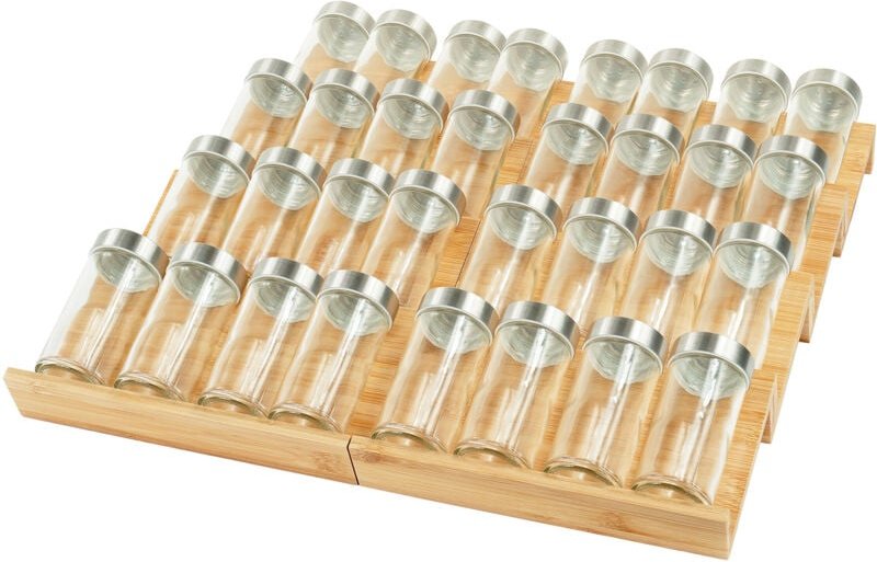 Relaxdays Gewürzregal, 8 Gewürzablagen, kombinierbar & verstellbar, Schublade & Arbeitsplatte, Bambus Gewürzlade, natur