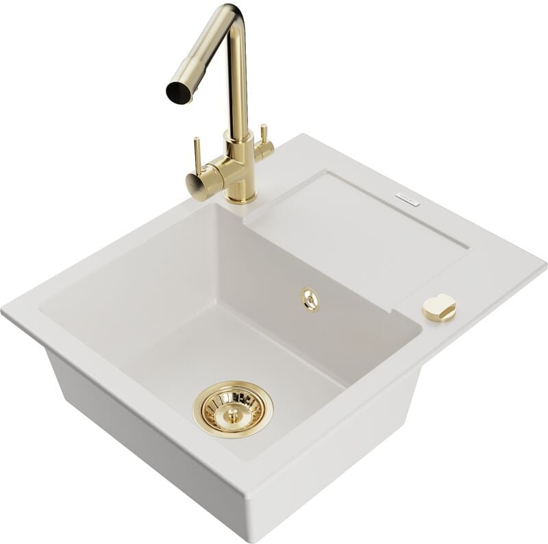 Enzo 1 Becken-Granitspüle mit Abtropffläche und Mischbatterie Duero, Weiß - 6506-20-671600-50 - Mexen