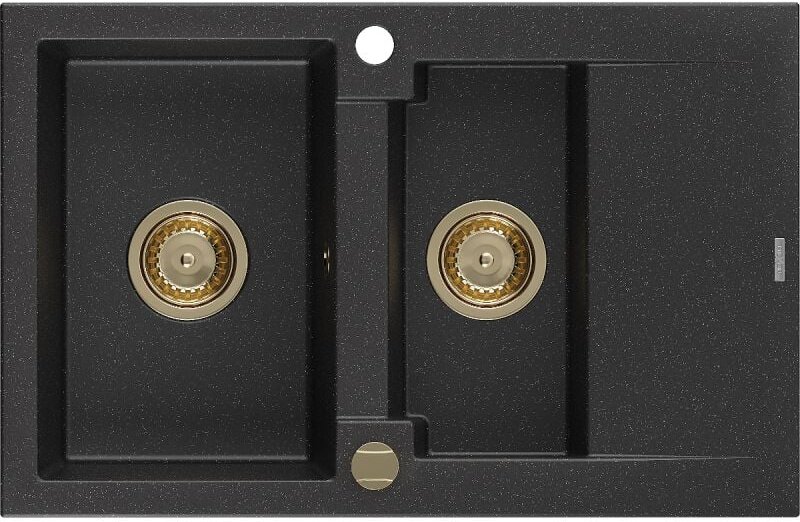 Gaspar 1,5-Becken-Granitspüle mit Abtropffläche 737 x 475 mm, Schwarz/Silbermetallic, Siphon g - Mexen