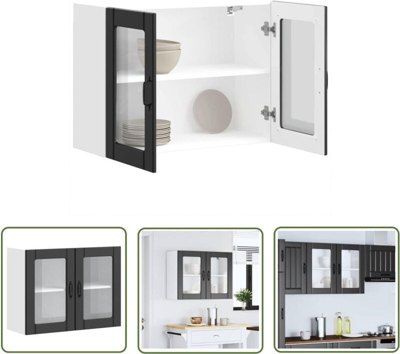 The Living Store - vidaXL Küchen-Hängeschrank mit Glastür Lucca Schwarz Holzwerkstoff