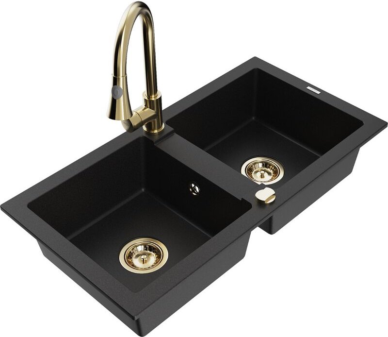 Mario 2-Becken-Granitspüle mit Mischbatterie Elia, Schwarz - 6504-77-670101-50 - Mexen