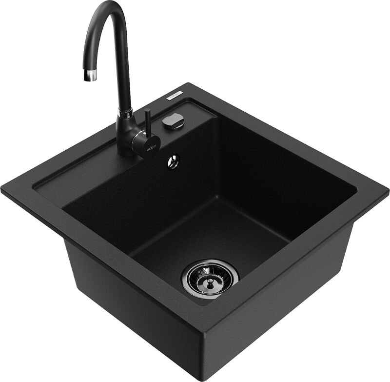 Vito 1-Becken-Granit-Spüle mit Mischbatterie Telma, Schwarz - 6503-77-670200-70-B - Mexen