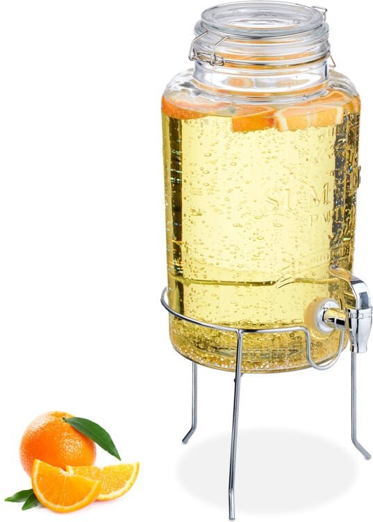 Thumbnail - Getränkespender mit Ständer, Limobehälter 5 l, Zapfhahn, Wasserspender, Glas, Bügelverschluss, transparent - Relaxdays