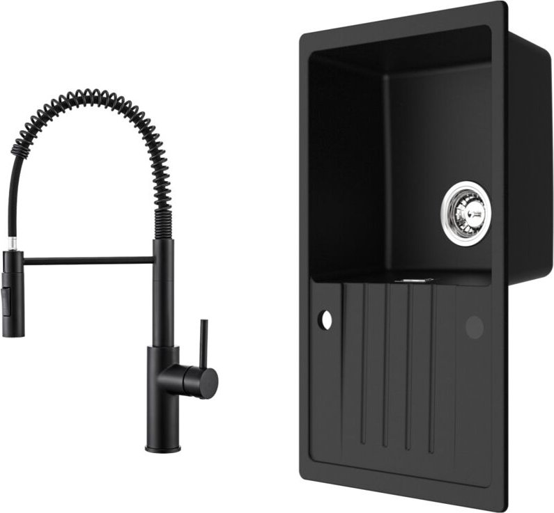 Cecipa Max - Küchenspüle 78x45cm Granitspüle Anthrazitschwarz Mit Abtropffläche + Feder-Küchenhahn Schwarz Mit 2 Strahla...