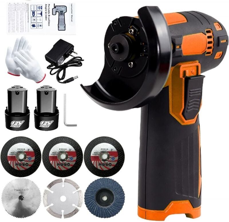 Winkelschleifer, Weytoll Mini Akku-Schleifgerät 12V 19500RPM mit 6 Trennscheiben Ø 76 mm, 2 Akkus 1300mAh - Orange