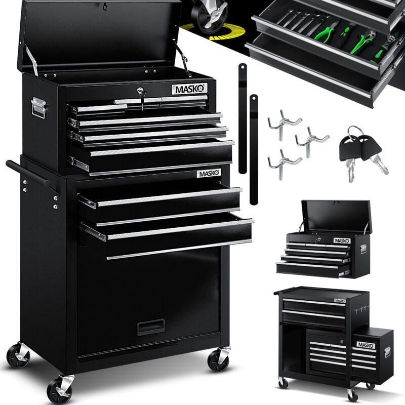 Masko - Werkstattwagen inkl. Koffer, 9 Fächer abschließbar, Werkzeug-Wagen ohne Werkzeug, Rollwagen zur Werkzeugaufbewah...