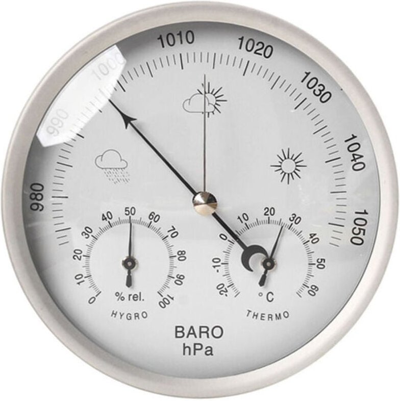 Odipie - 3 in 1 analoge Wetterstation aus Edelstahl Ø132 mm – Barometer, Thermometer, Hygrometer