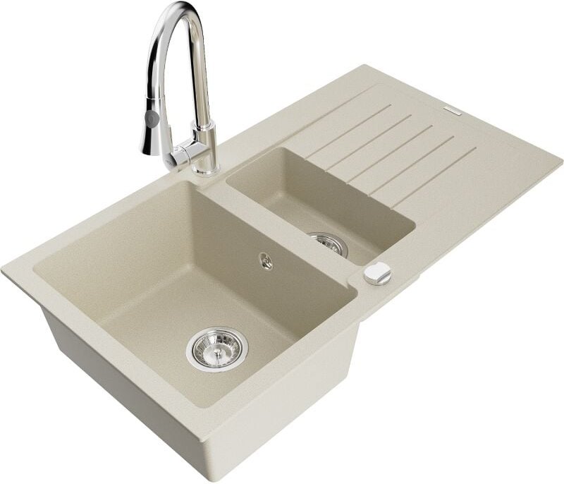 Matias 1,5-Becken-Granitspüle mit Abtropffl√§che und Mischbatterie Elia, Wei√ü - 6502-69-670101-00 - Mexen