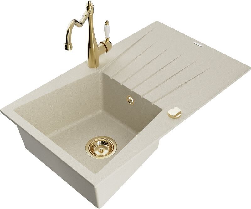 Mexen Cesar 1 Becken-Granitspüle mit Abtropffläche und Mischbatterie Carla, Beige - 6514-69-670700-50
