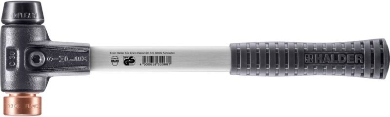 SIMPLEX-Schonhammer, Gummikomposition / Kupfer mit verstärktem Tempergussgehäuse und Fiberglasstiel D=30 mm 3724.030