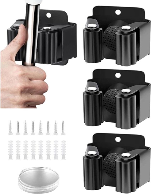 Thumbnail - 4 Stück Wandbesenhalter ohne Bohren, schwarzer Wandbesenhalter aus Edelstahl, mit 8 Stück Schrauben und 4 Stück spurlose...