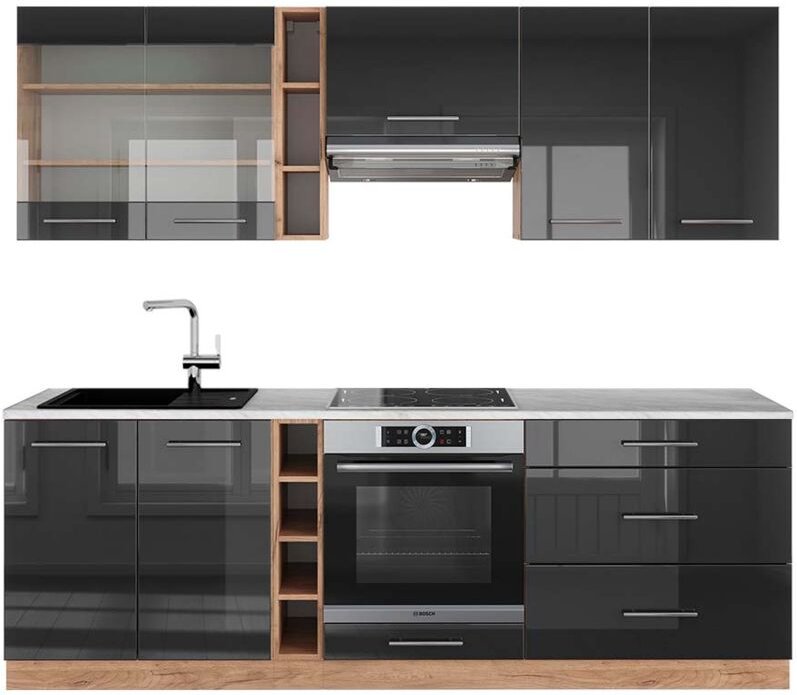 Vicco - Küchenschränke Fame-Line, Anthrazit Hochglanz/Goldkraft Eiche, 235 cm , ap Marmor