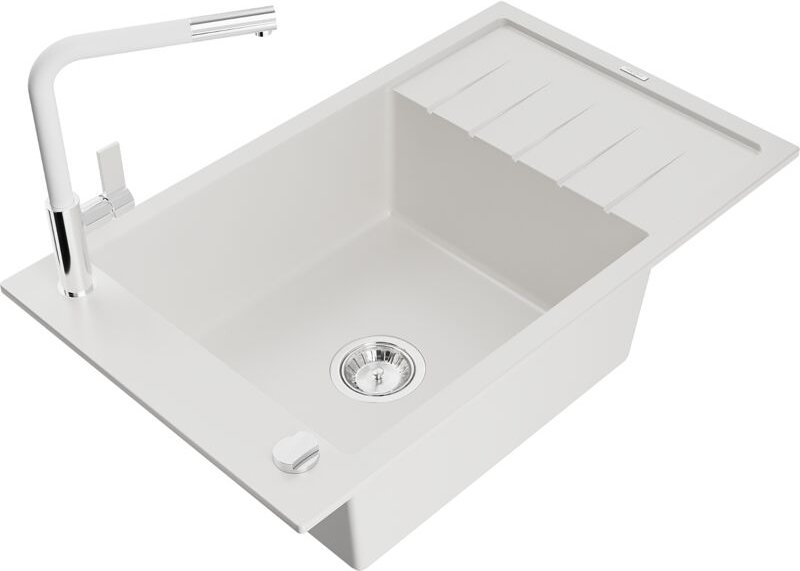 Elias 1 Becken-Granitspüle mit Abtropffläche und Mischbatterie Flora, Weiß - 6511-20-670401-02 - Mexen